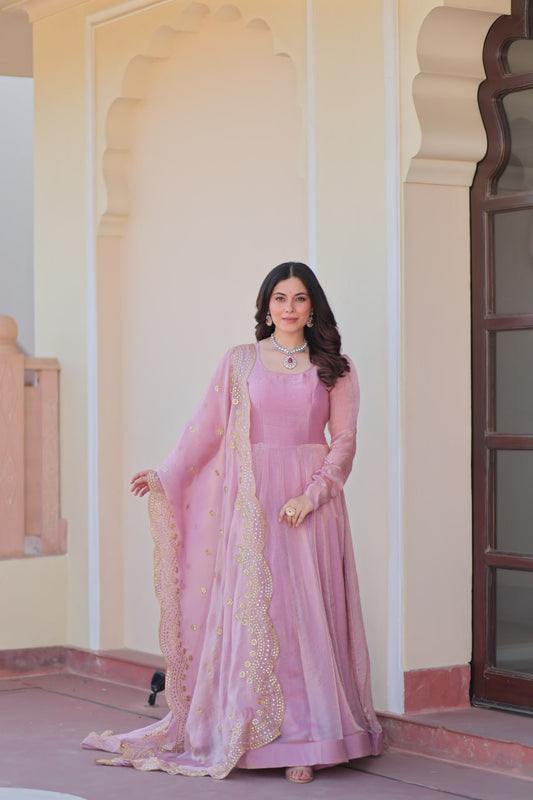 Party Wear Pink Color Fendy Chiffon With 12 Kali Stitched Designer Gown