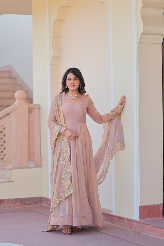 Party Wear Peach Color Fendy Chiffon With 12 Kali Stitched Designer Gown