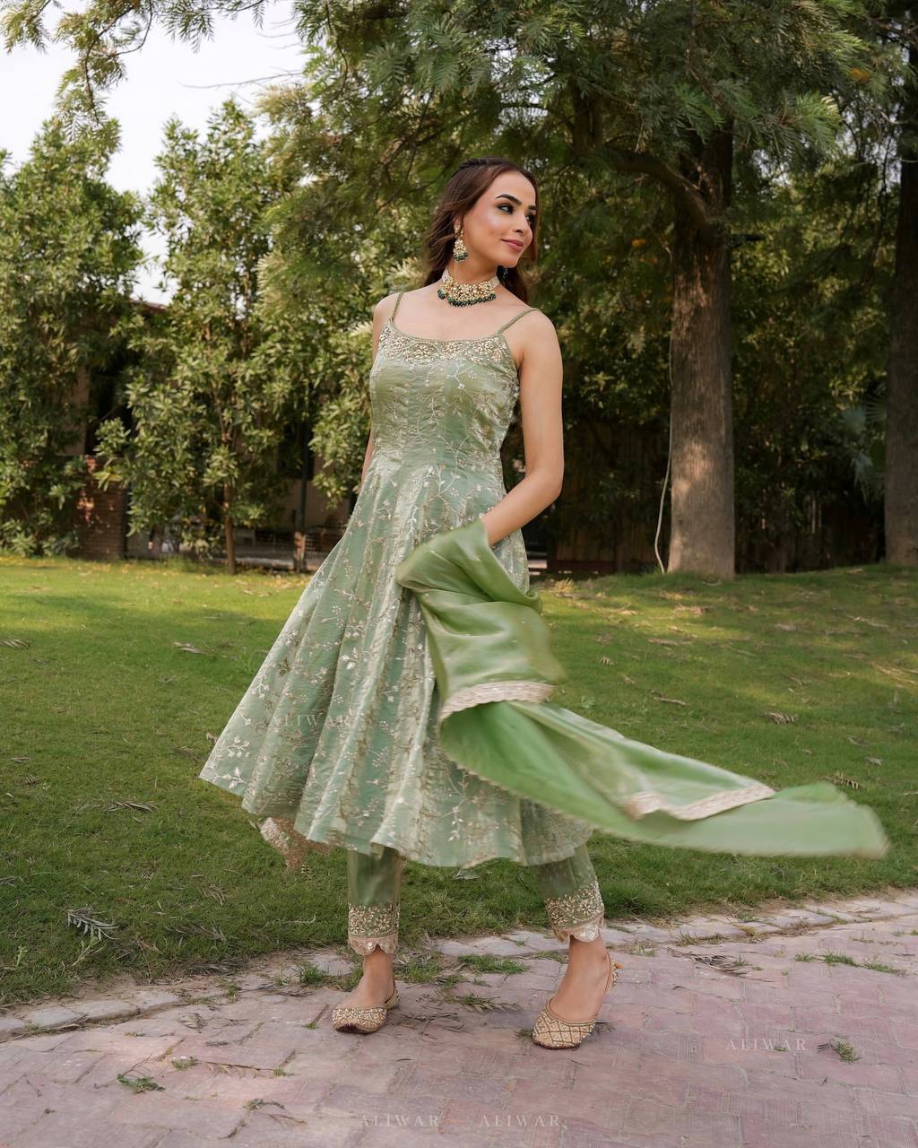 Admiring Green Color Fandy Silk With Embroidery Sequence Work Anarkali Gown