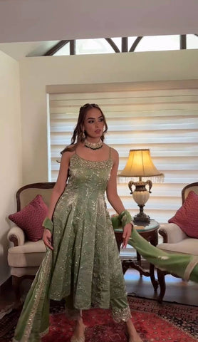 Admiring Green Color Fandy Silk With Embroidery Sequence Work Anarkali Gown