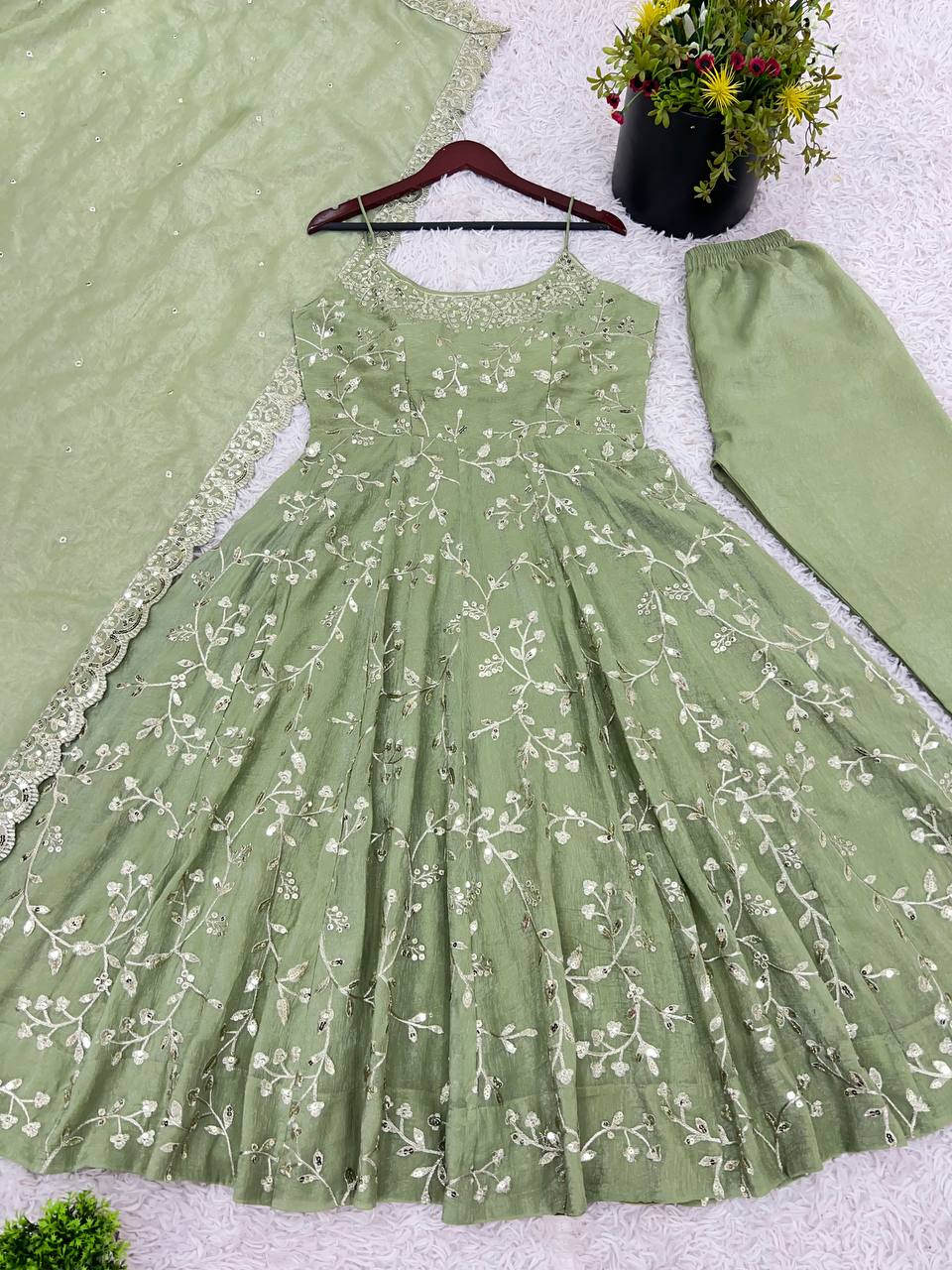 Admiring Green Color Fandy Silk With Embroidery Sequence Work Anarkali Gown