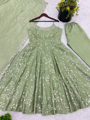 Admiring Green Color Fandy Silk With Embroidery Sequence Work Anarkali Gown