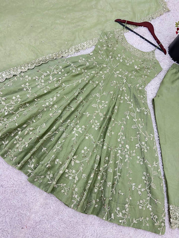 Admiring Green Color Fandy Silk With Embroidery Sequence Work Anarkali Gown