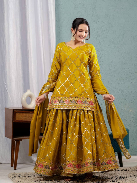 Party Wear Yellow Color Heavy Faux Georgette With 5mm Sequence Embroidery Work Sharara Suit