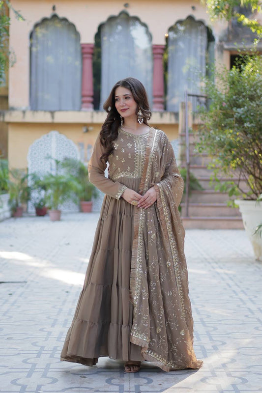 Function Wear Beige Color Star Georgette Fabrics Designer Gown With Embroidered Dupatta