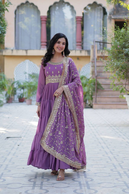 Function Wear Lavender Color Star Georgette Fabrics Designer Gown With Embroidered Dupatta