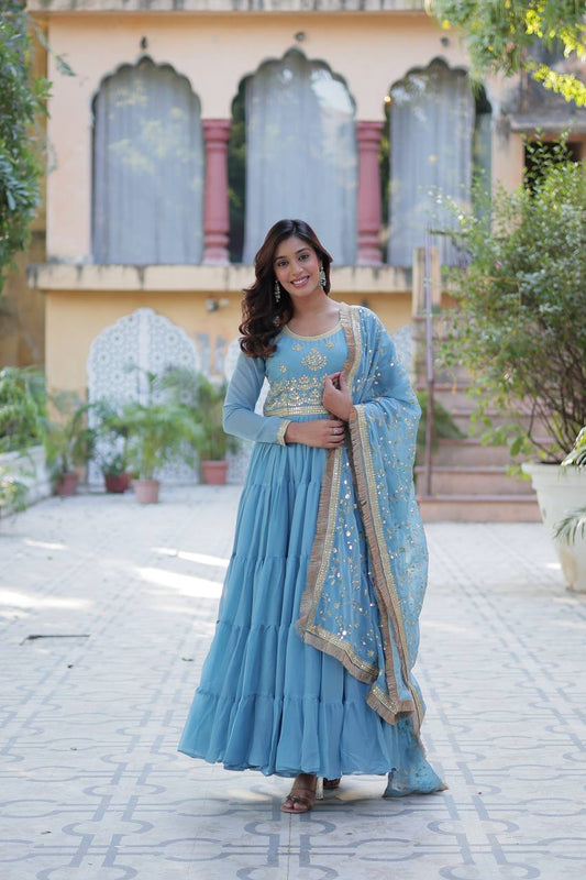 Function Wear Sky Color Star Georgette Fabrics Designer Gown With Embroidered Dupatta