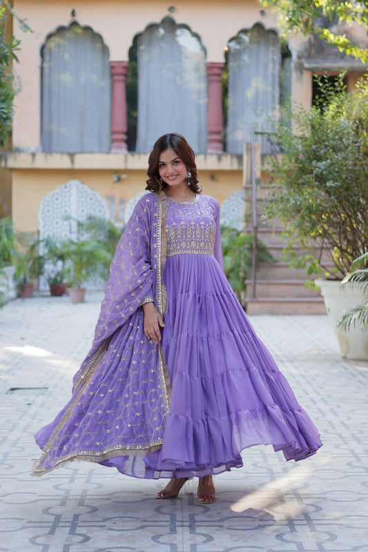 Function Wear Light Purple Color Star Georgette Fabrics Designer Gown With Embroidered Dupatta