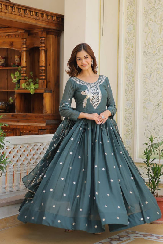 Marvelous Green Color Pure Star Georgette With Embroidery Work Beautiful Gown