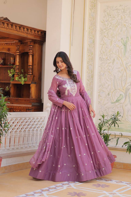 Embellished Lavender Color Pure Star Georgette With Embroidery Work Beautiful Gown