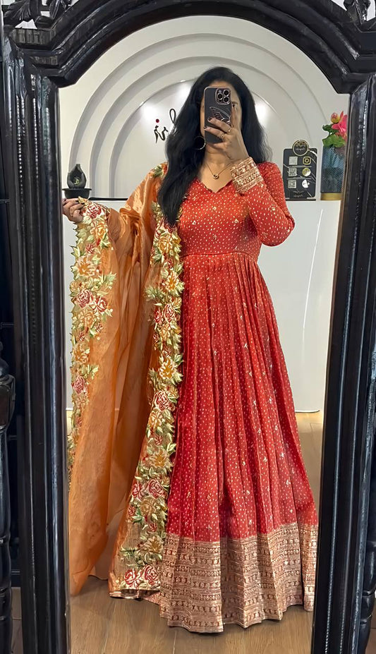 Party Wear Orange Color Chinon Silk With Embroidery Sequence Work Gown