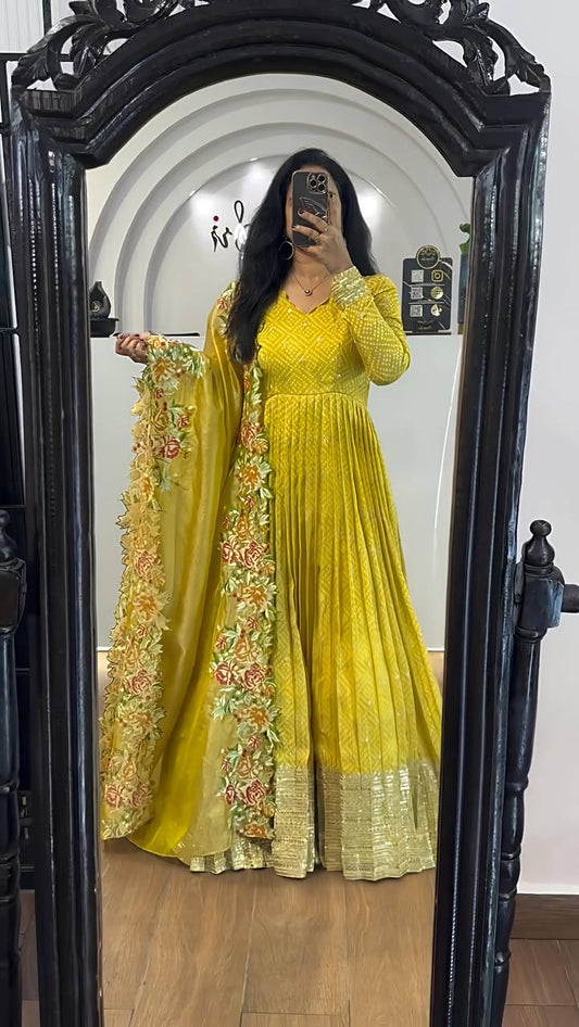 Party Wear Yellow Color Chinon Silk With Embroidery Sequence Work Gown