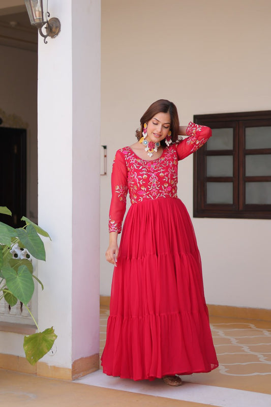 Trendy Red Color Faux Georgette With Sequence Thread Work Gown