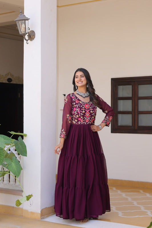 Trendy Wine Color Faux Georgette With Sequence Thread Work Gown