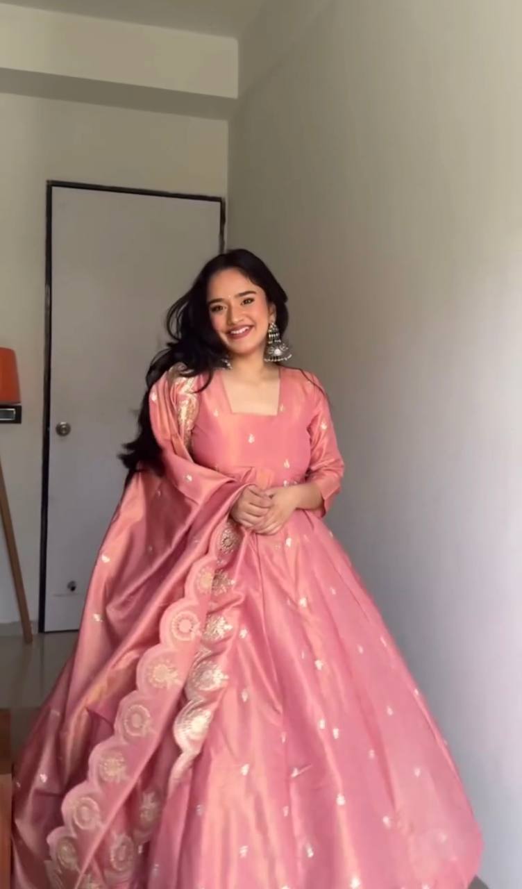 Occasion Wear Onion Pink Color Full Heavy Embroidery Sequence Work Gown With Fully Stiched and Dupatta
