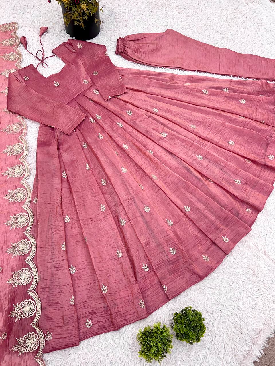 Occasion Wear Onion Pink Color Full Heavy Embroidery Sequence Work Gown With Fully Stiched and Dupatta