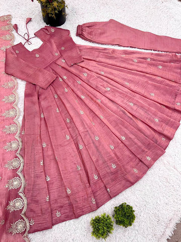 Occasion Wear Onion Pink Color Full Heavy Embroidery Sequence Work Gown With Fully Stiched and Dupatta