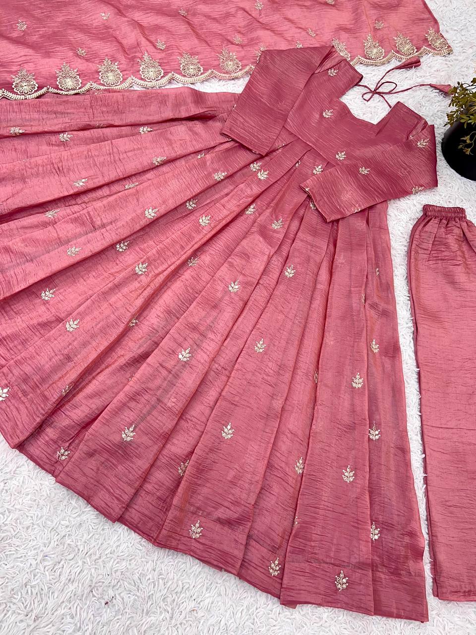 Occasion Wear Onion Pink Color Full Heavy Embroidery Sequence Work Gown With Fully Stiched and Dupatta