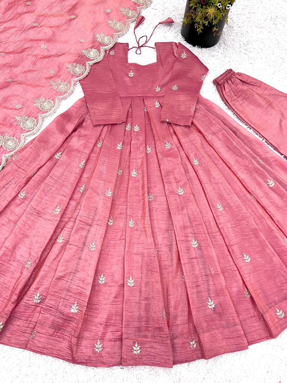Occasion Wear Onion Pink Color Full Heavy Embroidery Sequence Work Gown With Fully Stiched and Dupatta