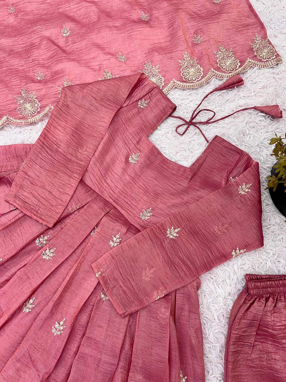 Occasion Wear Onion Pink Color Full Heavy Embroidery Sequence Work Gown With Fully Stiched and Dupatta