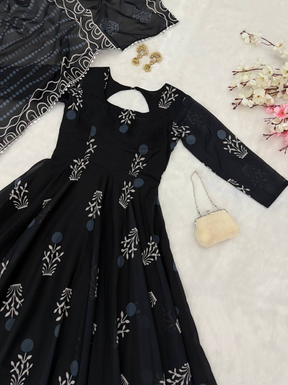 Stylish Black Color Digital Printed cotton Anarkali Gown