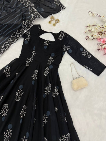 Stylish Black Color Digital Printed cotton Anarkali Gown
