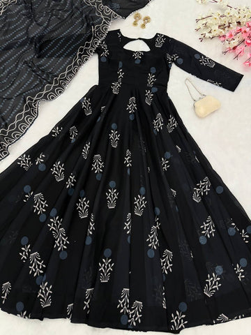 Stylish Black Color Digital Printed cotton Anarkali Gown