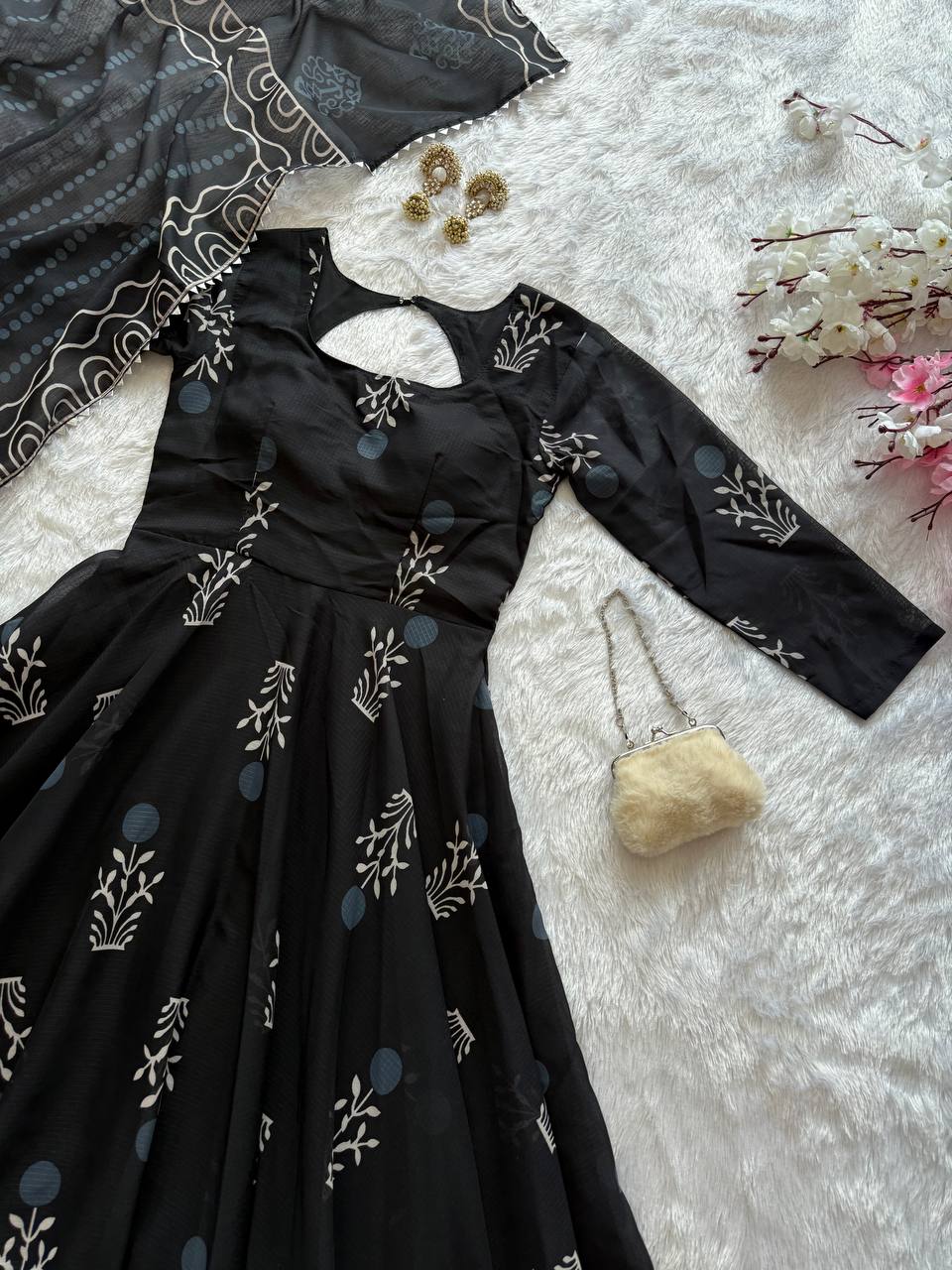 Stylish Black Color Digital Printed cotton Anarkali Gown