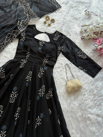 Stylish Black Color Digital Printed cotton Anarkali Gown