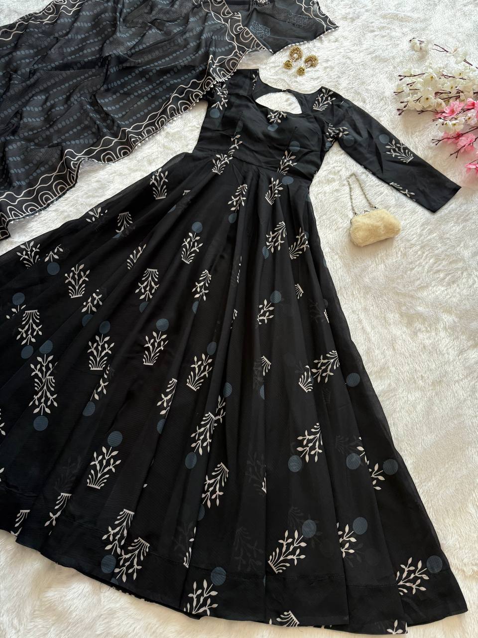 Stylish Black Color Digital Printed cotton Anarkali Gown