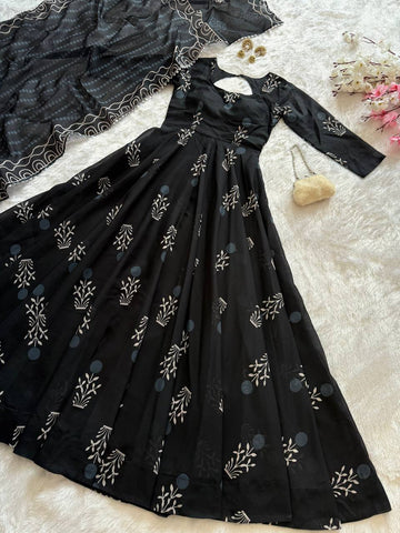 Stylish Black Color Digital Printed cotton Anarkali Gown