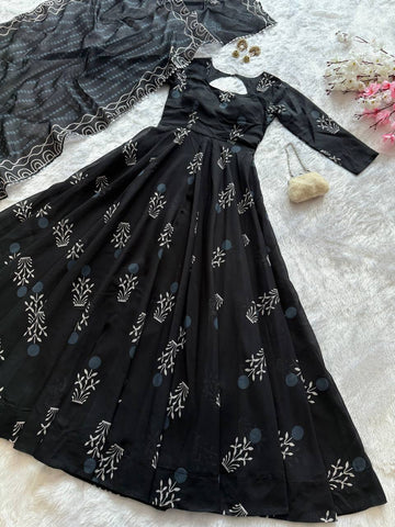 Stylish Black Color Digital Printed cotton Anarkali Gown