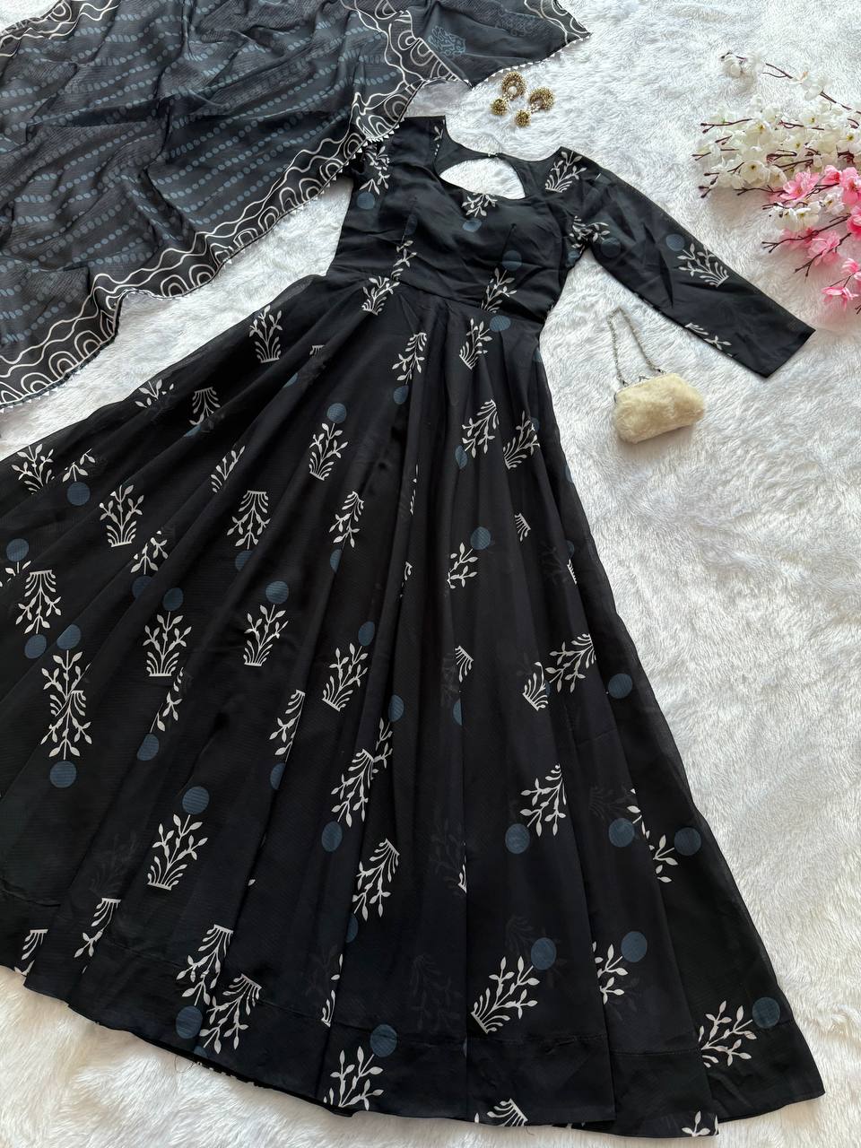 Stylish Black Color Digital Printed cotton Anarkali Gown