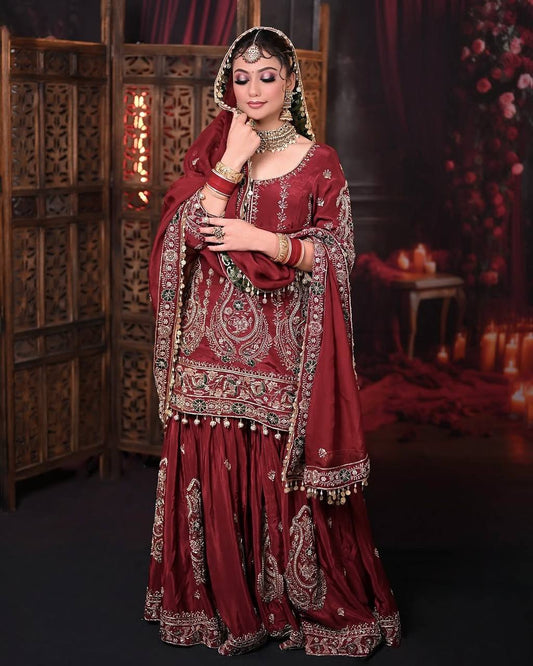 Party Wear Maroon Color Heavy Faux Georgette With Embroidery Work Sharara Suit