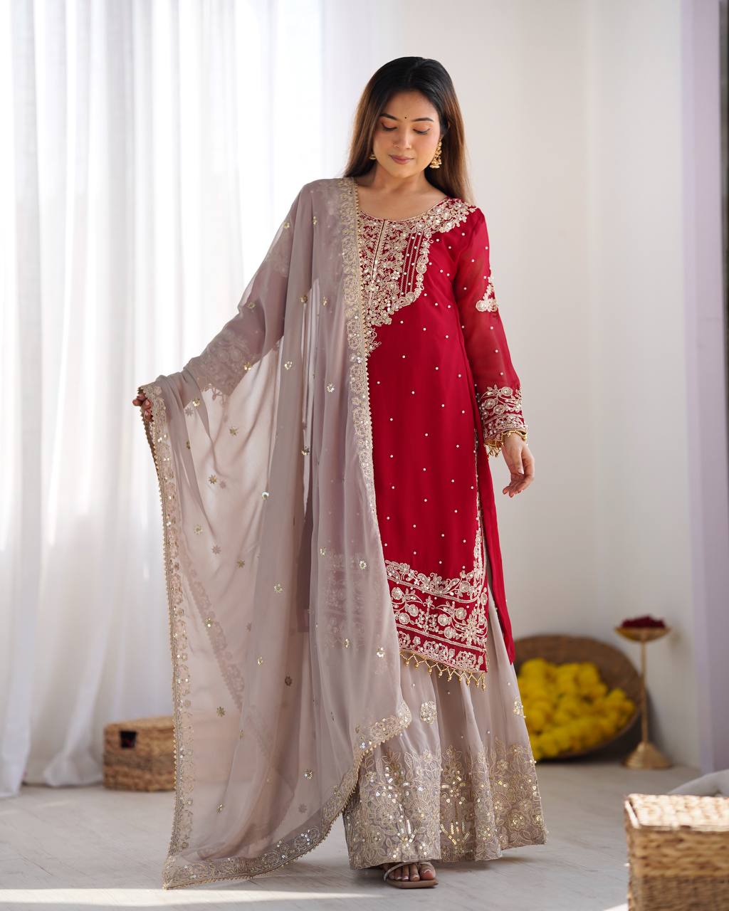 Reception Wear Red Color Heavy Faux Georgette With Heavy Embroidery Work Palazzo Suit