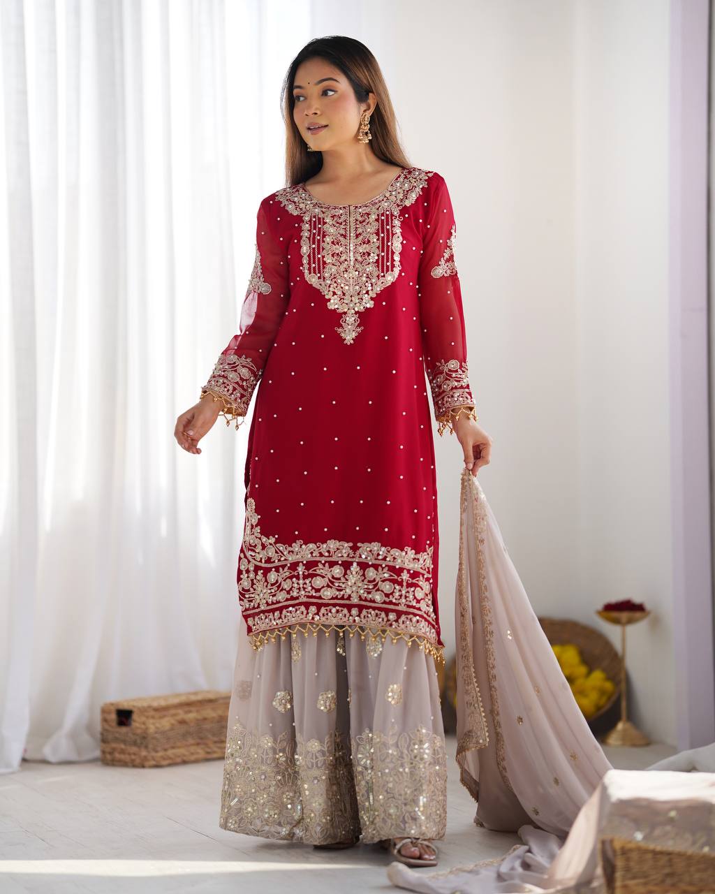 Reception Wear Red Color Heavy Faux Georgette With Heavy Embroidery Work Palazzo Suit