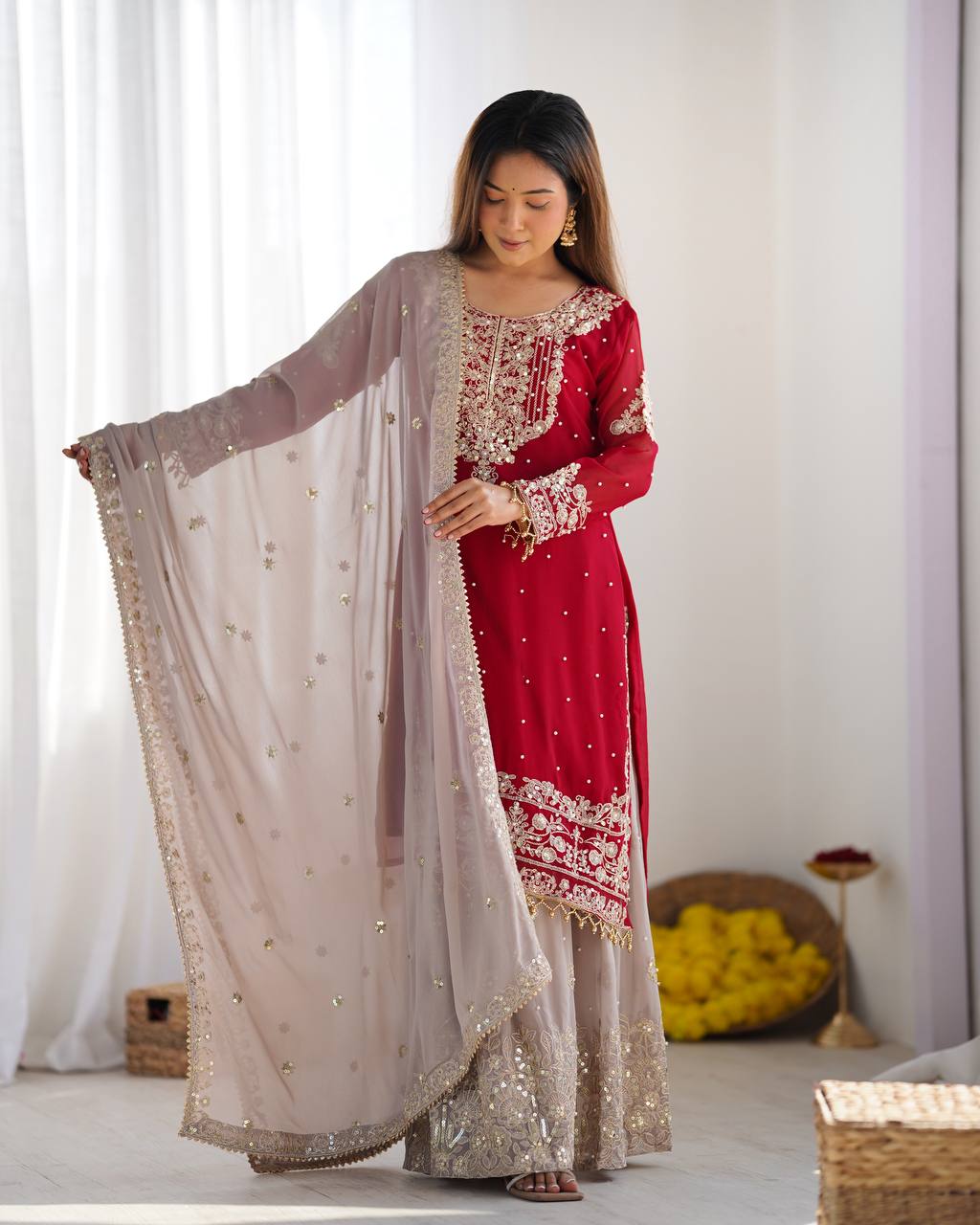 Reception Wear Red Color Heavy Faux Georgette With Heavy Embroidery Work Palazzo Suit