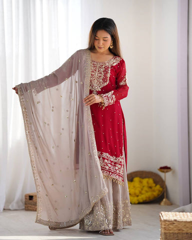 Reception Wear Red Color Heavy Faux Georgette With Heavy Embroidery Work Palazzo Suit