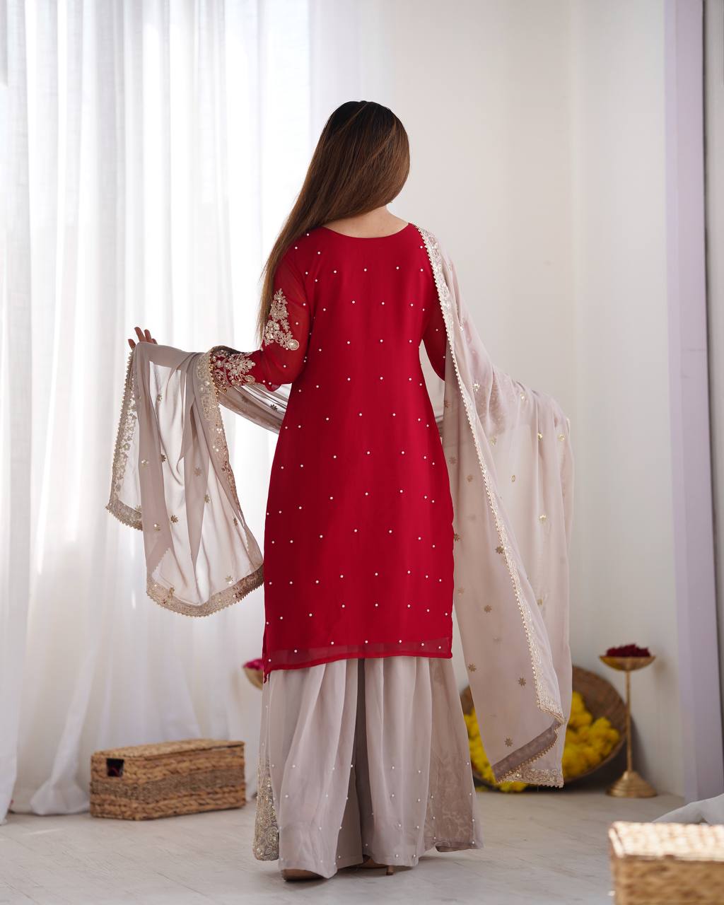 Reception Wear Red Color Heavy Faux Georgette With Heavy Embroidery Work Palazzo Suit