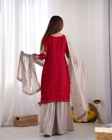 Reception Wear Red Color Heavy Faux Georgette With Heavy Embroidery Work Palazzo Suit