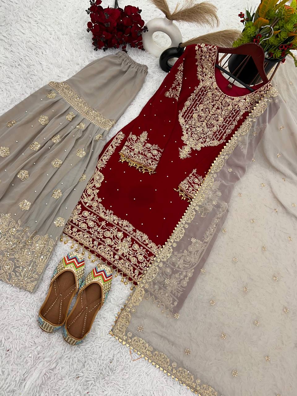 Reception Wear Red Color Heavy Faux Georgette With Heavy Embroidery Work Palazzo Suit