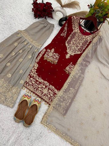 Reception Wear Red Color Heavy Faux Georgette With Heavy Embroidery Work Palazzo Suit