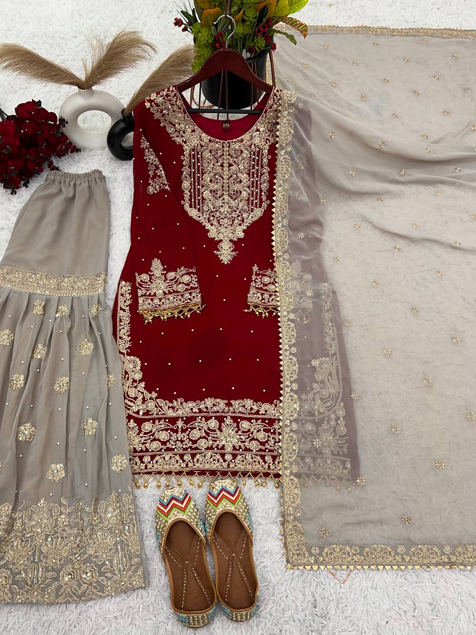 Reception Wear Red Color Heavy Faux Georgette With Heavy Embroidery Work Palazzo Suit