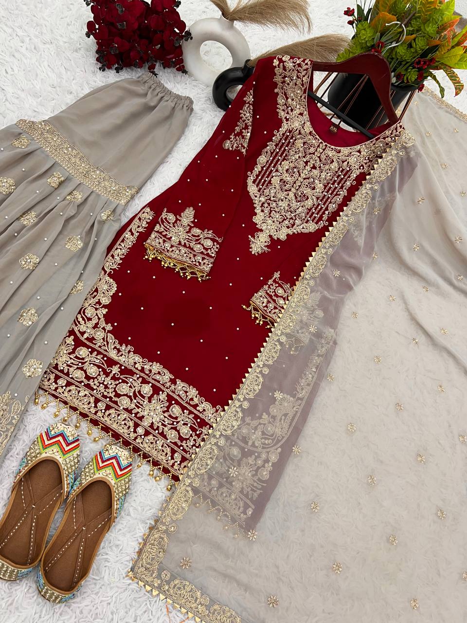 Reception Wear Red Color Heavy Faux Georgette With Heavy Embroidery Work Palazzo Suit