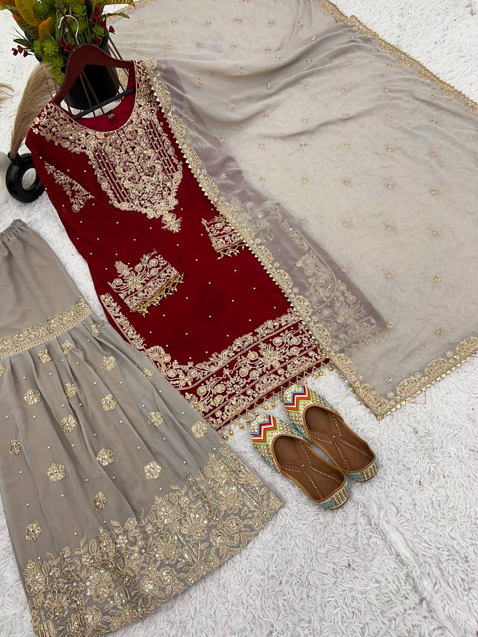 Reception Wear Red Color Heavy Faux Georgette With Heavy Embroidery Work Palazzo Suit