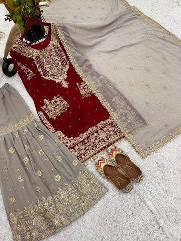 Reception Wear Red Color Heavy Faux Georgette With Heavy Embroidery Work Palazzo Suit
