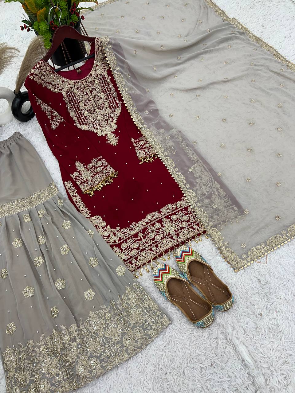 Reception Wear Red Color Heavy Faux Georgette With Heavy Embroidery Work Palazzo Suit