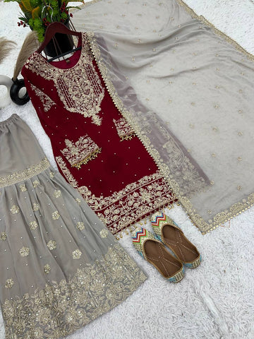 Reception Wear Red Color Heavy Faux Georgette With Heavy Embroidery Work Palazzo Suit