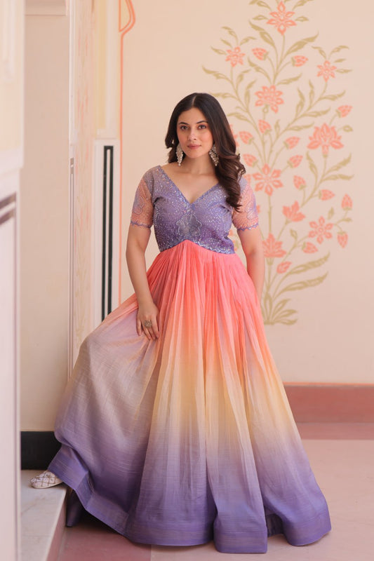 Celebrity Style Lavender Color Gold Crush Padding With Beads Embroidered Work Gown