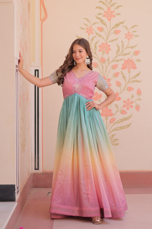Celebrity Style Peach Color Gold Crush Padding With Beads Embroidered Work Gown